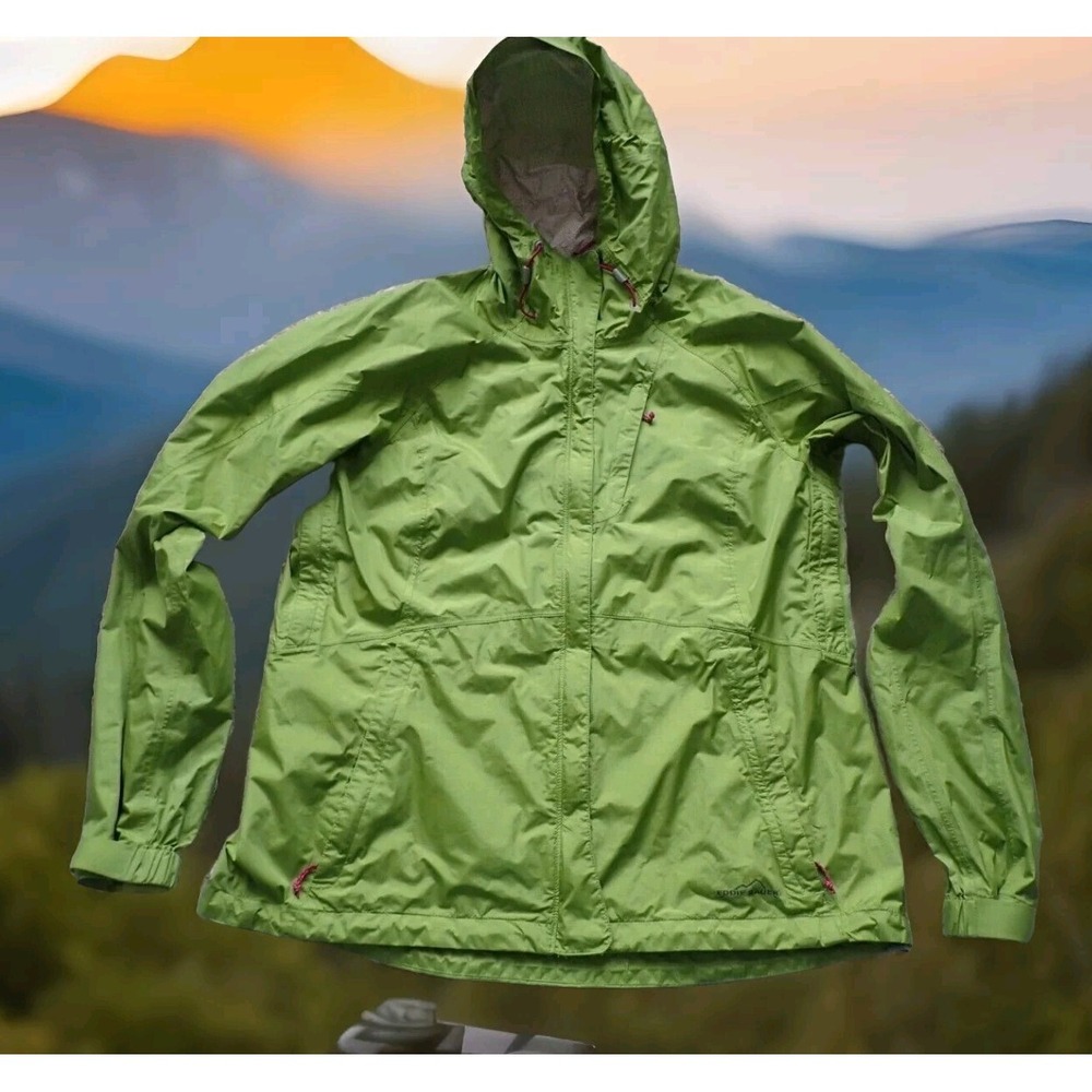 Eddie Bauer Rain Jacket Womens Large Green Fair WeatherEdge Plus Waterproof Hood